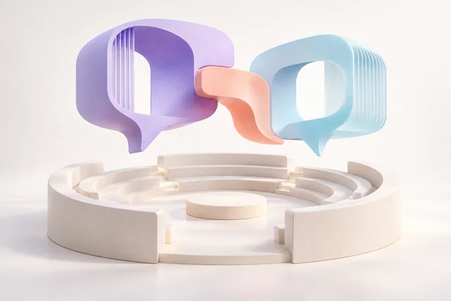 Sculpturale gespreksvormen boven een open ontmoetingsruimte.