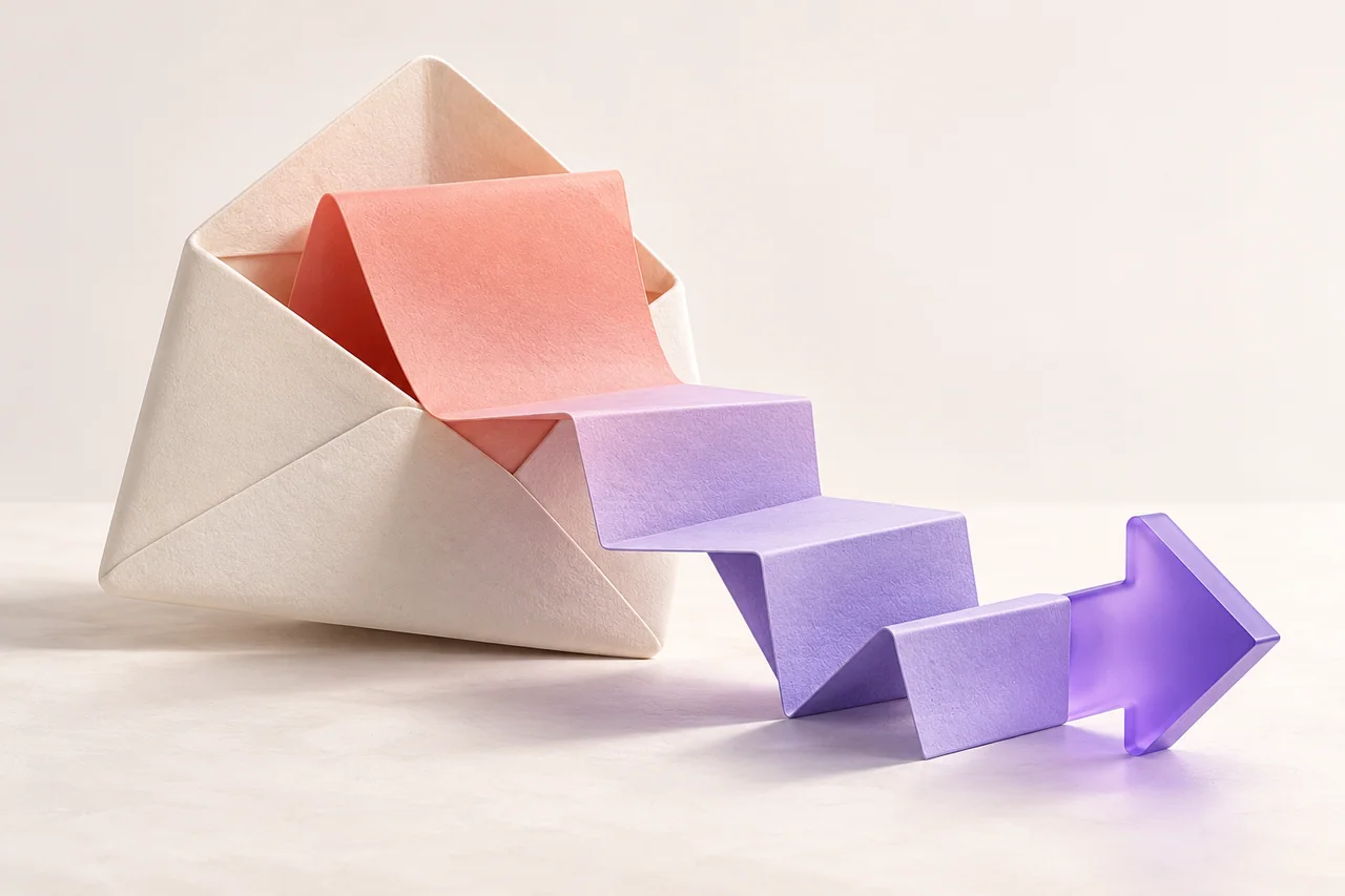 Een open envelop ontvouwt zich tot concrete vervolgstappen.