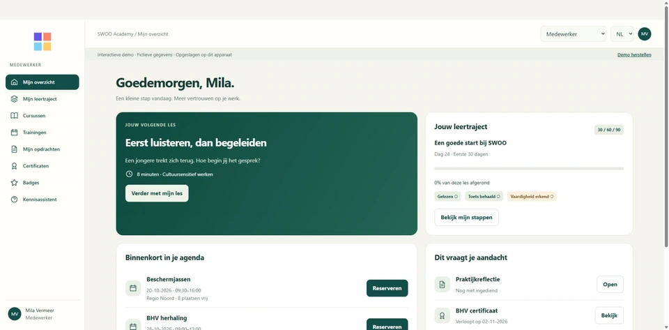 Een eigen plek om te groeien — werkelijke interface van Academy, met fictieve gegevens