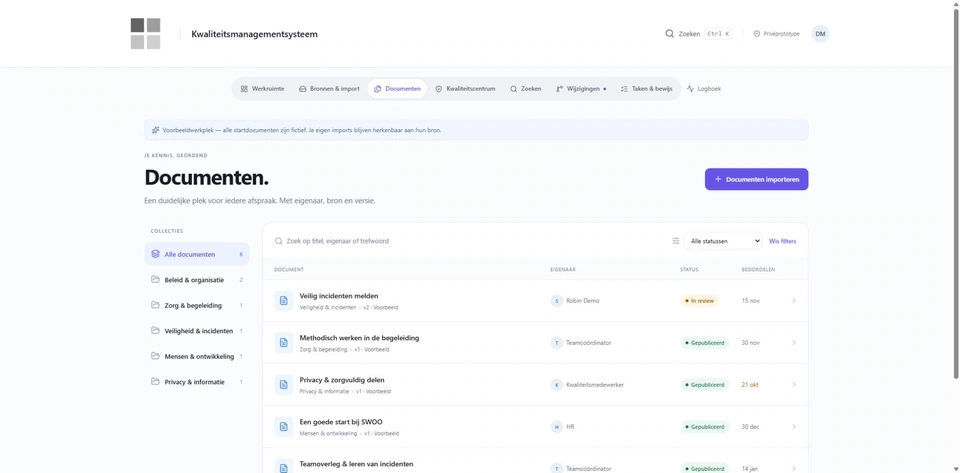 Een bibliotheek met eigenaarschap — werkelijke interface van Atlas · KMS, met fictieve gegevens
