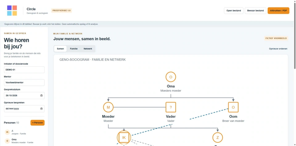 Familie en netwerk in beeld — werkelijke interface van Circle, met fictieve gegevens