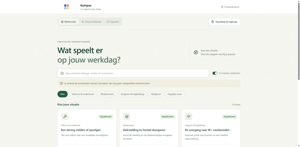 De juiste route voor je werksituatie — werkelijke interface van Kompas, met fictieve gegevens