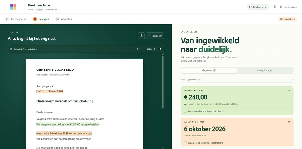 De brief naast de controle — werkelijke interface van Letter, met fictieve gegevens
