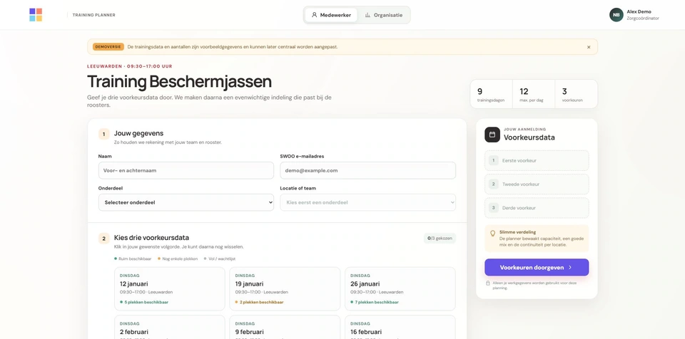 Voorkeuren die je kunt plannen — werkelijke interface van Sessions, met fictieve gegevens