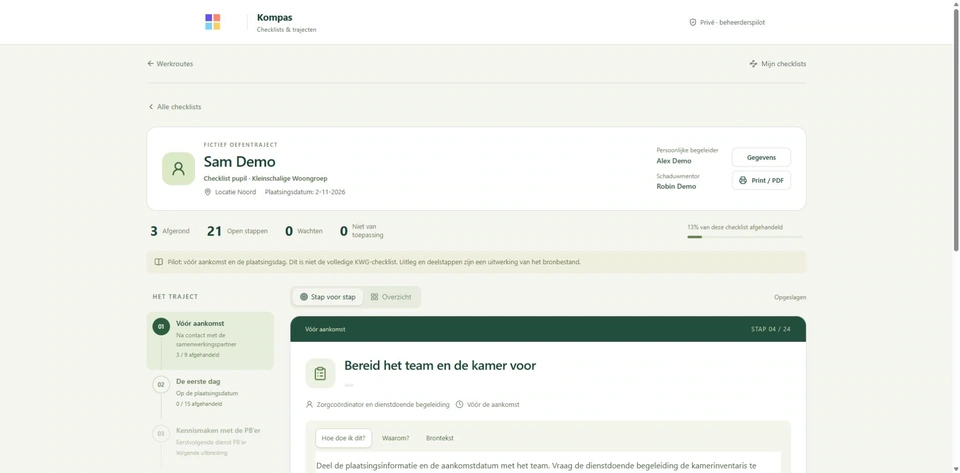 Iedere stap, zichtbaar gevolgd — werkelijke interface van Traject, met fictieve gegevens